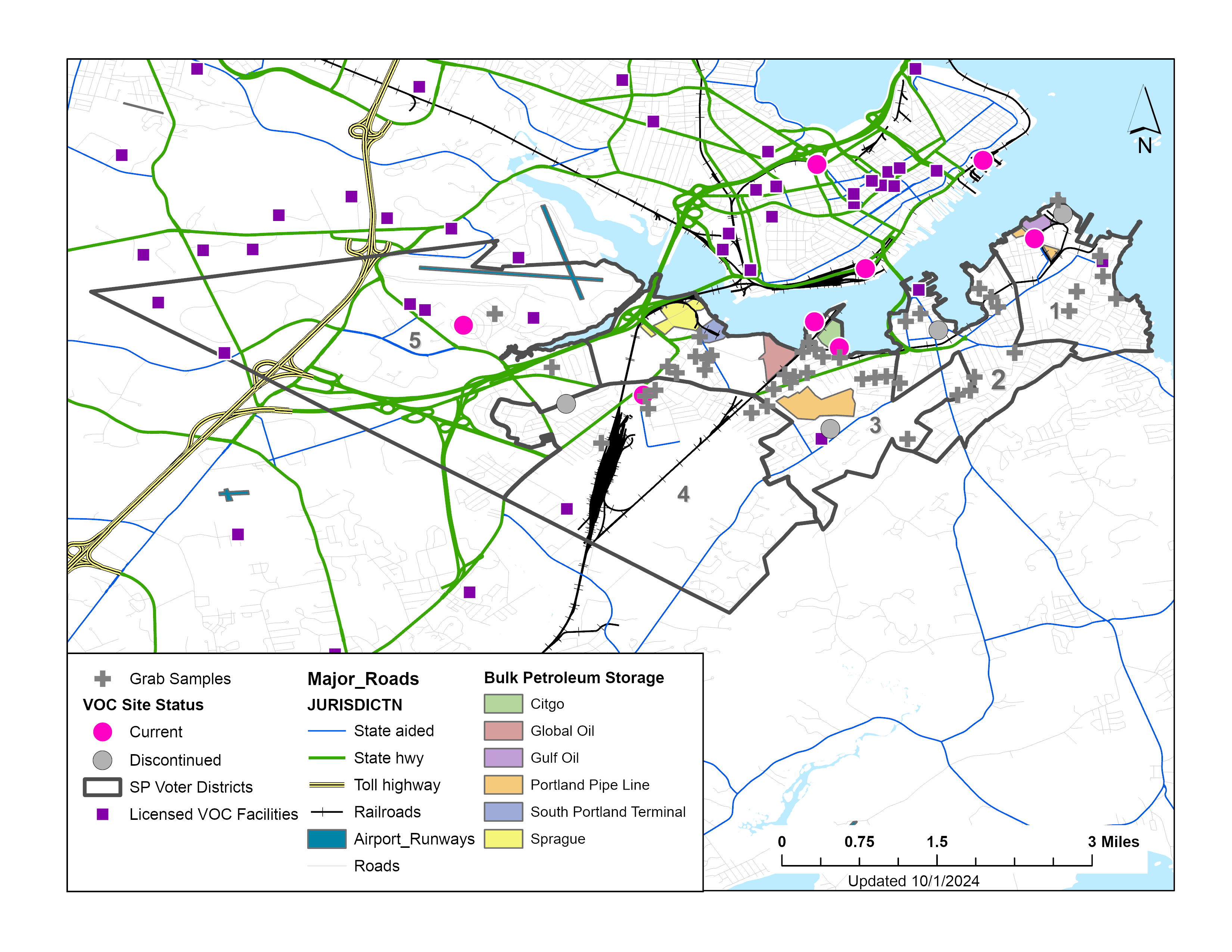 Licensed VOC sources, grab sampling and 24-hour sampling site locations Current and discontinued Maine DEP monitoring locations in Portland and South Portland, compared against licensed sources and roadways. click to view larger
