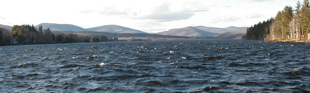 Rough water with white-capped waves. Woods to either side and mountains in the background.
